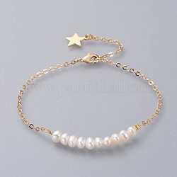 Bracelets de perles, avec des chaînes de câble en perles naturelles et en laiton, véritable 18k plaqué or, 9 pouce (23 cm)