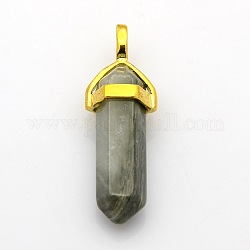 Natural Bullet Gemstone Double Terminated Pointed Pendants, with Golden Tone Alloy Findings, Rutilated Quartz, 39~41x13x11mm, Hole: 5x4mm