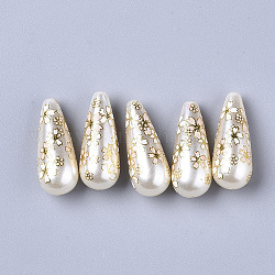 Perles en résine imprimée, perle d'imitation, larme, avec motif de fleurs, blanc, 32x13mm, Trou: 1.5mm