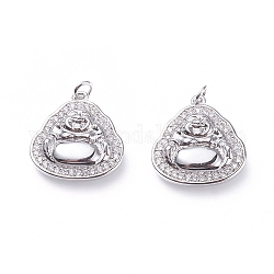 Brass Micro Pave Cubic Zirconia Pendants, with Soldered Jump Rings, Buddha, Clear, Platinum, 15.5x15x3mm, Hole: 2.2mm