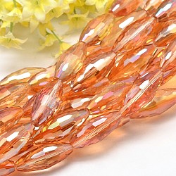 Half Rainbow Plated Faceted Rice Glass Bead Strands, Dark Orange, 32~34x15mm, Hole: 2mm, about 13pcs/strand, 16.3inch