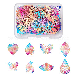 Biyun 16Pcs 8 Style 430 Stainless Steel Filigree Pendants, Spray Painted, Etched Metal Embellishments, Butterfly & Heart & Fan, Colorful, 31~54.5x27~55x0.5mm, Hole: 0.8~1.6mm, 2pcs/style