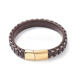 Bracelets en cuir tressé, fermoir magnétique en 304 acier inoxydable, rectangle, or, brun coco, 8-5/8 pouce (22 cm), 12x6mm