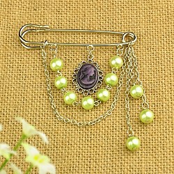 Fashion Tibetan Style Brooches, with Glass Pearl Beads, Resin Cabochons, Iron Chains and Iron Kilt Pins, Honeydew, 85mm