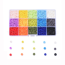 15 couleurs de perles d'argile polymère faites à la main écologiques, pour les fournitures de bricolage bijoux artisanat, disque / plat rond, perles heishi, couleur mixte, 4x1mm, Trou: 1mm, 15 couleurs, à propos 380~400pcs / couleur, 5700~6000 pcs / boîte
