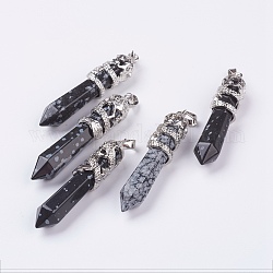Obsidienne de flocon de neige naturel gros pendentifs pointus, avec les accessoires en alliage, facette, balle, platine, 59~63x11~12mm, Trou: 4x7mm