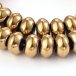 Hilos de perlas de hematita sintética no magnética electrochapada rondelle, oro chapado, 10x6mm, agujero: 2 mm, aproximamente 68 pcs / cadena, 15.7 pulgada