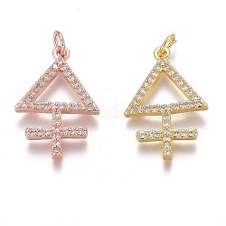 Brass Micro Pave Clear Cubic Zirconia Pendants, Long-Lasting Plated, With Jump Rings, Triangle with Cross, Mixed Color, 23x16x2mm, Hole: 3mm, Jump Ring: 5x1mm