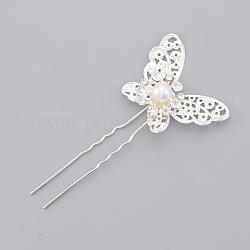 Wedding Bridal Hair Forks, with Rhinestones and ABS Plastic Imitation Pearl Beads, Platinum, 80~84mm