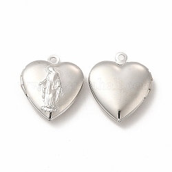 Colgantes de latón medallón, charms marco de la foto para los collares, Plateado de larga duración, corazón con amuleto de santo, Platino, 22.5x19.5x5.5mm, agujero: 1.8 mm