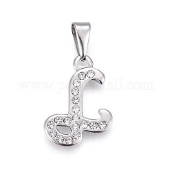 304 Stainless Steel Pendants, with Rhinestone, Letter, Letter.L, 22x15.5x2mm, Hole: 3~3.5x7.5~8mm