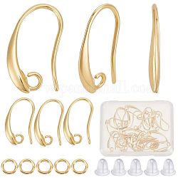 CREATCABIN 30Pcs Brass Earring Hooks, with Horizontal Loop, Cadmium Free & Nickel Free & Lead Free, with 30Pcs Open Jump Rings & 100Pcs Plastic Ear Nuts, Real 18K Gold Plated, 19x10x2mm, Hole: 2mm, Pin: 1mm