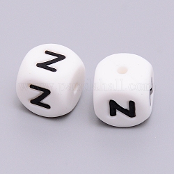 Silicone Beads, Cube with Letter.Z, White, 12x12x12mm, Hole: 2mm