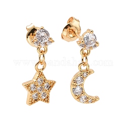 Clear Cubic Zirconia Moon & Star Dangle Stud Earrings, Rack Plating Brass Asymmetrical Earrings for Women, Cadmium Free & Lead Free, Real 18K Gold Plated, 17mm, Pin: 0.7mm