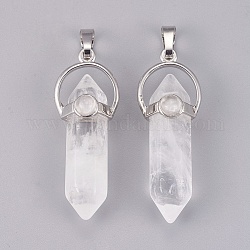 Natural Quartz Crystal Double Terminated Pointed Pendants, Rock Crystal, with Brass Findings, Bullet, Platinum, 38.5~40.5x14.5x13mm, Hole: 4x8mm