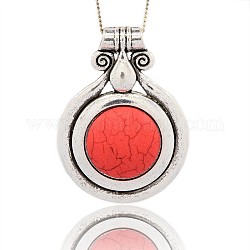 Antique Silver Tone Alloy Synthetic Turquoise Big Pendants, Flat Round Necklace Big Pendants, Red, 71x52x10mm, Hole: 6mm