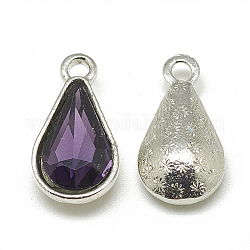 Alloy Glass Pendants, Faceted, teardrop, Platinum, Purple, 18x10x5mm, Hole: 2mm