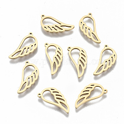 304 Stainless Steel Charms, Laser Cut, Wing, Real 14K Gold Plated, 15x7x1mm, Hole: 0.8mm
