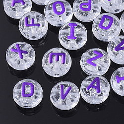 Perles acryliques transparentes, avec de la poudre de paillettes, métal enlacée, trou horizontal, plat rond avec la lettre, bleu violet, 10x6mm, Trou: 1.8mm, environ 1580 pcs/500 g