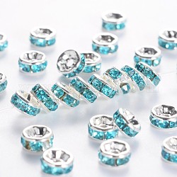Séparateurs perles en laiton avec strass, couleur argentée, sans nickel, aigue-marine, 5x2.5mm, Trou: 1mm