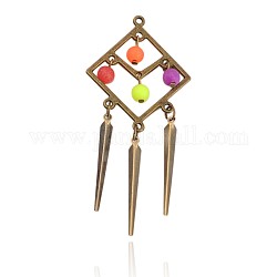 Rhombus Tibetan Style Alloy Big Pendants, with Acrylic Round Beads and Iron Leaf Charms, Nickel Free, Colorful, 76x34x6mm, Hole: 1.5mm