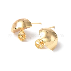 Brass Stud Earring Findings, with Peg Bails and 925 Sterling Silver Pins, Half Round, Real 18K Gold Plated, 14x13.5mm, Pin: 0.8mm