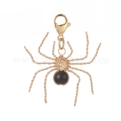 Décorations de pendentif en agate noire naturelle enroulée de fil, avec fermoirs mousquetons en 304 acier inoxydable, araignée, 35mm