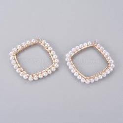 Ciondoli in ferro rack, con perle di plastica imitazione perla, rombo, bianco, oro chiaro, 42x42x4mm, Foro: 2.5 mm