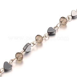 Perles de verre faites à la main non soudées chaînes à double maillon, pour création de colliers bracelets, avec des perles d'hématite non magnétiques et une épingle à oeil en fer, platine, 5 m