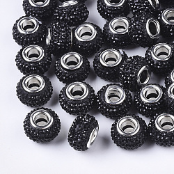 Perles européennes en résine opaque, Perles avec un grand trou   , perles de laurier, en laiton de tonalité de platine noyaux doubles, couleur ab , rondelle, noir, 14x9.5mm, Trou: 5mm