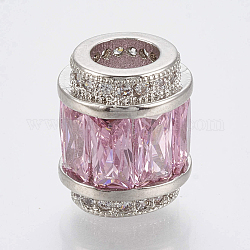 Perles européennes en laiton avec zircone cubique de micro pave, Perles avec un grand trou   , baril, platine, perle rose, 11.5x9.5mm, Trou: 5mm