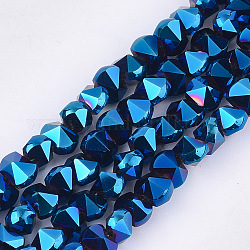 FilI di perline in vetro placcato, sfaccettato, blu, 6~6.5x4.5~5x5.5mm, Foro: 1.2 mm, circa 100pcs/filo, 17.3 pollice