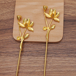 Iron Hair Stick Findings, with Alloy Cabochons Settings, Lotus, Golden, Tray: 10mm and 14x10mm, 181x34x15.5mm