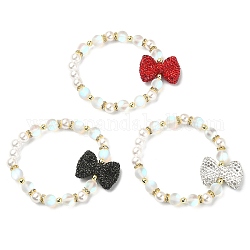 Ensemble de bracelets extensibles en pierre de lune synthétique, hématite et perles en plastique, 3 couleurs, 3 pièce, bracelets empilables avec nœud papillon en strass, couleur mixte, diamètre intérieur: 2-1/4 pouce (5.6 cm), 1pc / style