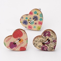 Heart Wooden Buttons Rings, with Silver Color Plated Aluminum Wires, Mixed Color, 16mm