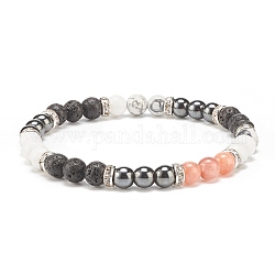 Bracelet de perles rondes en pierre de lave naturelle et pierres précieuses pour femme, diamètre intérieur: 2-1/8 pouce (5.5 cm)