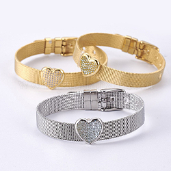 Unisex 304 Stainless Steel Watch Band Wristband Bracelets, with Brass Micro Pave Cubic Zirconia Slider Charms, Heart, Mixed Color, 8-5/8 inch(21.8cm), 10mm
