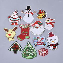 Christmas Theme, Computerized Embroidery Cloth Iron On/Sew On Patches, Appliques, Father Christmas & Bell & Milu Deer & Christmas Stocking & Snowman & Christmas Trees & Car & Snowflake, Mixed Color, 35~79.5x41~66x1.5mm, 120pcs/bag