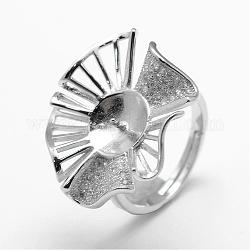 925 Sterling Silver Finger Ring Components, with Cubic Zirconia, For Half Drilled Beads, Flower, Platinum, Size 7, 17mm, Tray: 8.5mm, Pin: 0.9mm