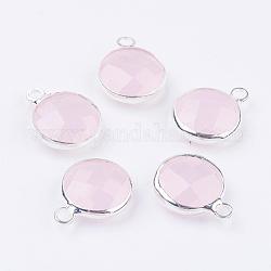 Silver Color Plated Brass Glass Flat Round Charms, Faceted, Lavender Blush, 12x8.5x3mm, Hole: 1.5mm