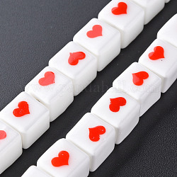 Handmade Porcelain Ceramic Beads Strands, Famille Rose Style, Cube with Heart, White, 10mm, Hole: 4mm, about 31pcs/strand, 12.28 inch(31.2cm)