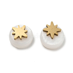 Perles rondes plates en coquillage naturel, avec 304 décoration étoile en acier inoxydable, véritable 18k plaqué or, 6x4mm, Trou: 0.6mm