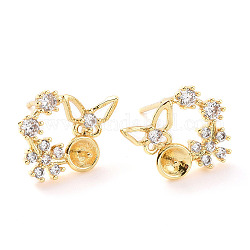 Brass Micro Pave Clear Cubic Zirconia Stud Earring Findings, for Half Drilled Beads, Flower with Butterfly, Real 18K Gold Plated, 12x14mm, Pin: 0.6mm, Tray: 3.5mm, Pin: 0.8mm