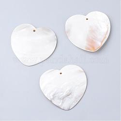 Пресноводных оболочки большие кулоны, сердце, цветочный белый, 48~50x48~51.5x2~3 мм, отверстие : 2 мм