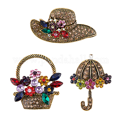 SUPERFINDINGS 3Pcs 3 Style Colorful Rhinestone Umbrella & Hat & Flower Basket Brooch Pin, Cute Alloy Badge for Backpack Clothes, Antique Golden, 27~44x31.5~52x7.5~9mm, 1Pc/style