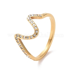 Crystal Rhinestone Wave Finger Ring, Ion Plating(IP) 304 Stainless Steel Jewelry for Women, Golden, US Size 6~9(16.5~18.9mm)