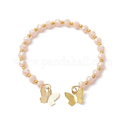 Bracelets de manchette en perles rondes en verre, avec breloques papillon en laiton doré, rose brumeuse, diamètre intérieur: 2-1/8 pouce (5.5 cm)