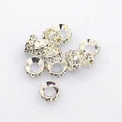 Perles séparateurs en laiton avec strass, Grade a, rondelle, couleur argentée, cristal, 7x3.3mm