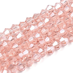 Trasparenti perle di vetro placca fili, lustro di perla placcato, sfaccettato, bicono, roso, 3x2.5mm, Foro: 0.7 mm, circa 162~185pcs/filo, 12.76~14.61 pollice (32.4~37.1 cm)