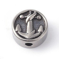304 Stainless Steel Beads, Flat Round with Anchor & Helm, Antique Silver, 10.5x5mm, Hole: 2mm